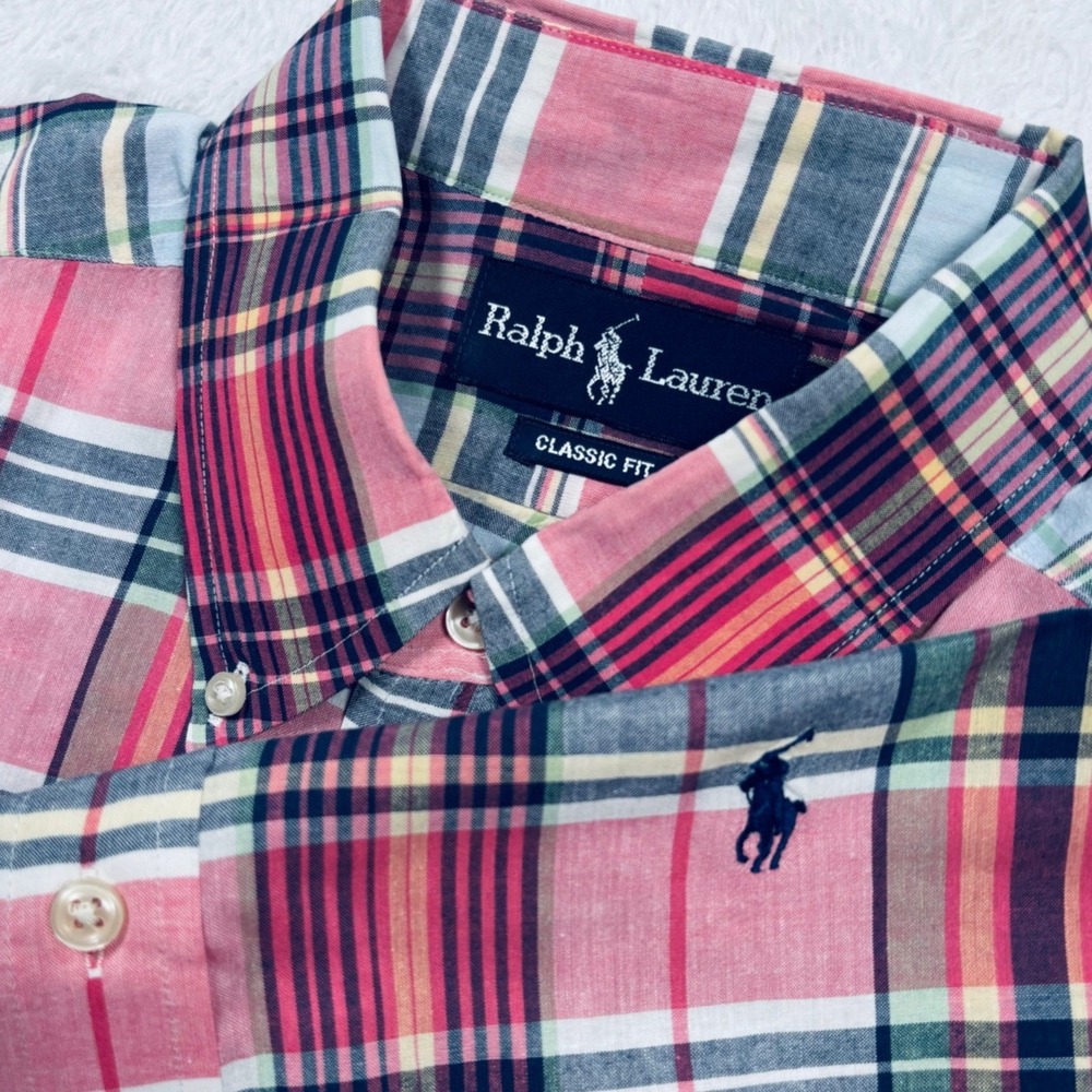 Ralph Lauren Button Shirt Mens L Pink Blue Plaid Short Sleeve Preppy Lightweight
